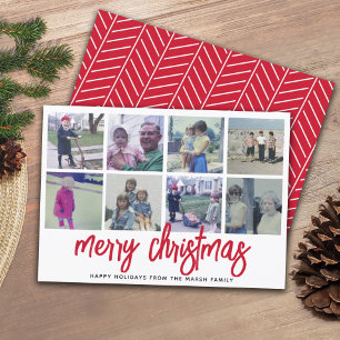 8 Photo Collage - Merry Christmas Red Pattern Holiday Card