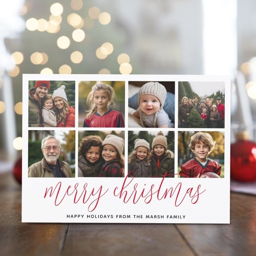 8 Photo Collage _ Merry Christmas Red Pattern Holiday Card