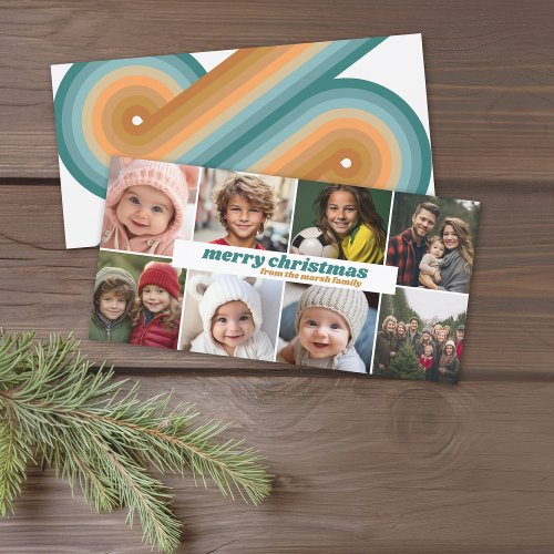 8 Photo Collage _ Merry Christmas Retro Stripes Holiday Card