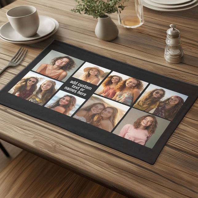 8 Photo Collage Minimalist - Black and White Grid Cloth Placemat (Custom Cloth Placemat with Photo Collage)