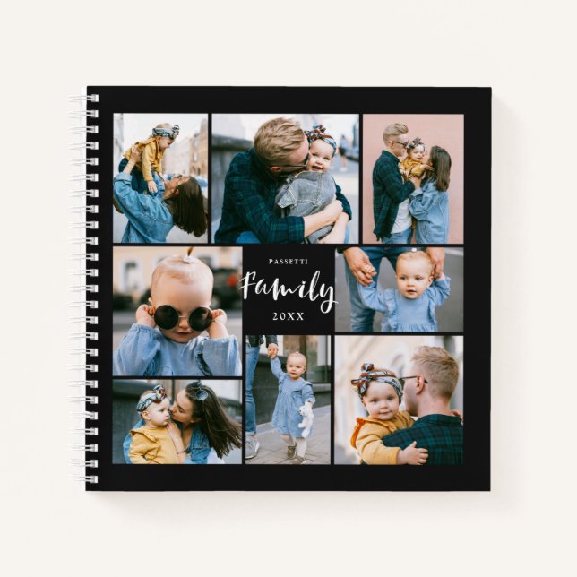 8 Photo Collage Modern Family Personalized | Black Notebook (Front)