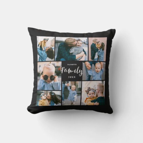 8 Photo Collage Modern Family Personalized  Black Throw Pillow