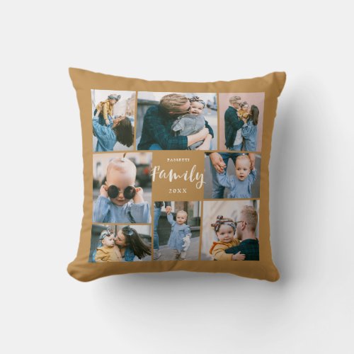8 Photo Collage Modern Family Personalized  Gold Throw Pillow
