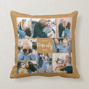 8 Photo Collage Modern Family Personalized | Gold Throw Pillow