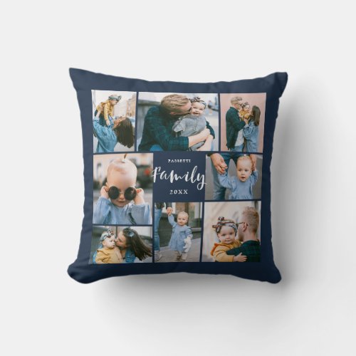 8 Photo Collage Modern Family Personalized  Navy Throw Pillow