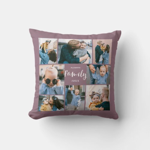 8 Photo Collage Modern Family Personalized  Plum Throw Pillow