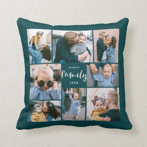 8 Photo Collage Modern Family Personalized | Teal Throw Pillow