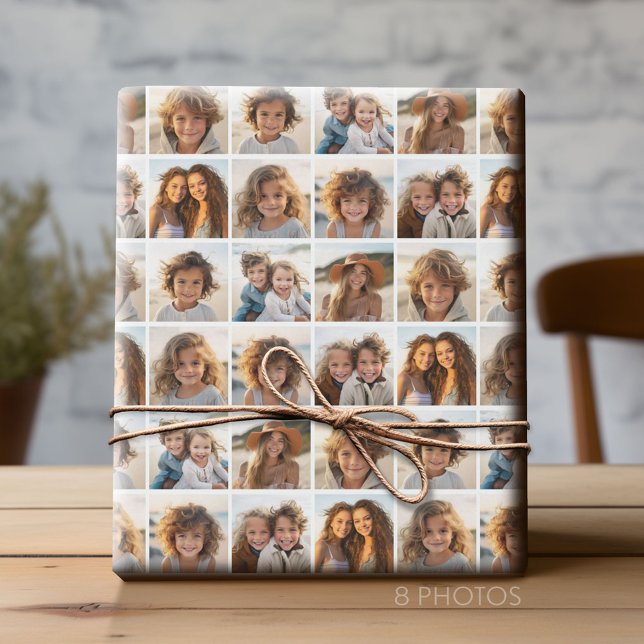 8 Photo Collage - Modern Minimal Grid with White Wrapping Paper (Custom Photo Collage Wrapping Paper - All Occasion)