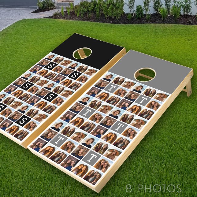8 Photo Collage Monogram Gray Black Cornhole Set (Custom Cornhole with Photo Collage)