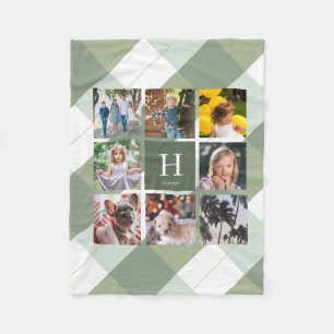 8 Photo Collage Monogram Sage Green Gingham Plaid Fleece Blanket