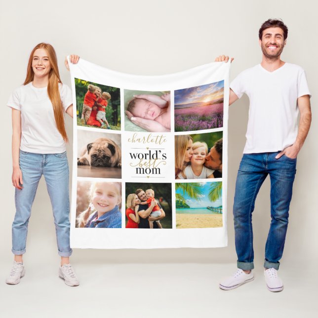 8 Photo Collage Personalized Worlds Best Mom Fleece Blanket (In Situ)