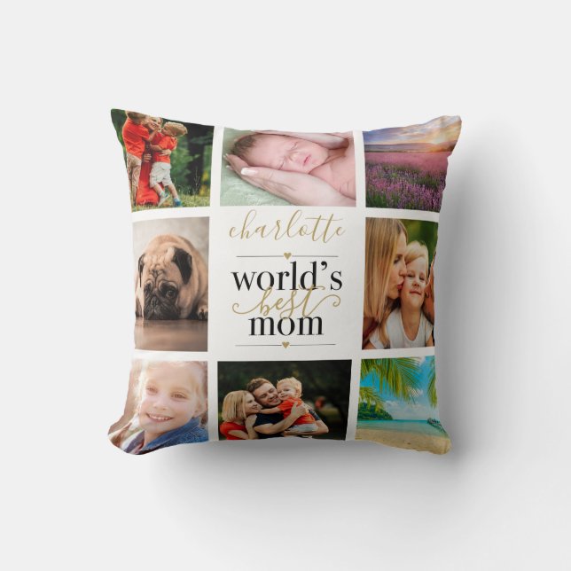 8 Photo Collage Personalized Worlds Best Mom Throw Pillow (Front)