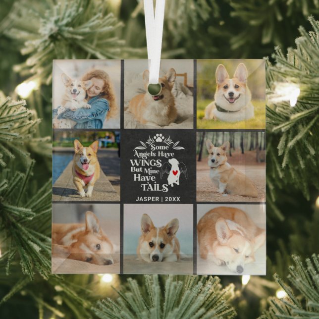 8 Photo Collage Pet Dog Loss Remembrance Glass Ornament (Insitu)