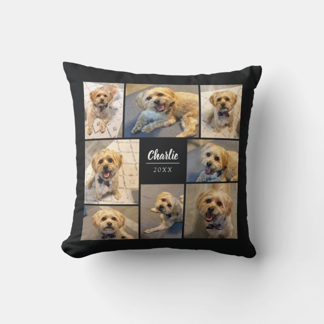 8 Photo Collage | Pet Name Black Throw Pillow (Front)