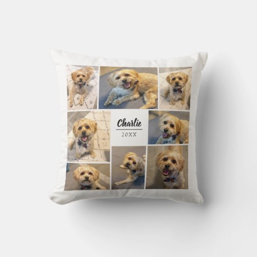 8 Photo Collage  Pet Name White Throw Pillow