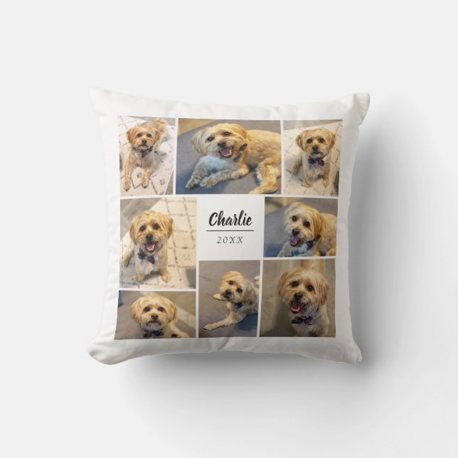 8 Photo Collage | Pet Name White Throw Pillow (Front)
