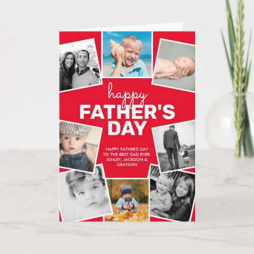 8 Photo Collage Red Happy Fathers Day Card