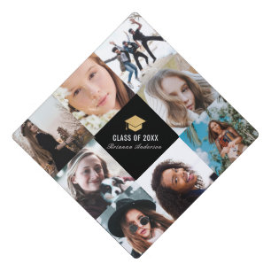8 Photo Collage Simple Black Graduation Cap Topper