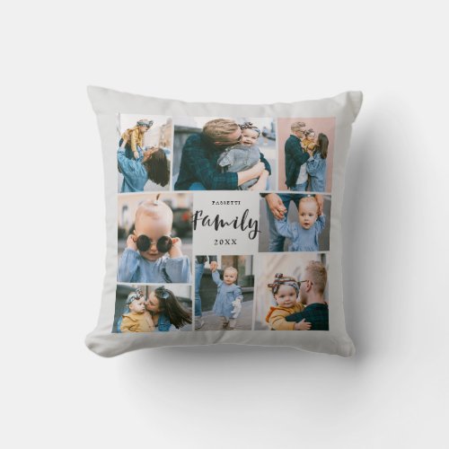 8 Photo Collage Stylish Modern Family  Gray Throw Pillow