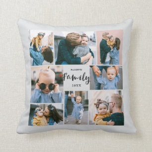 8 Photo Collage Stylish Modern Family Gray Throw Pillow