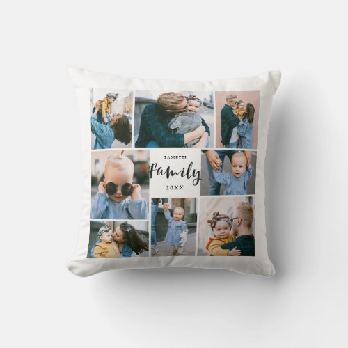 8 Photo Collage Stylish Modern Family  White Throw Pillow