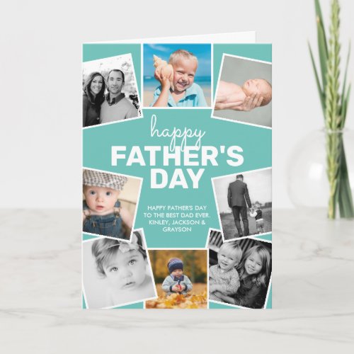 8 Photo Collage Teal Happy Father'S Day Card