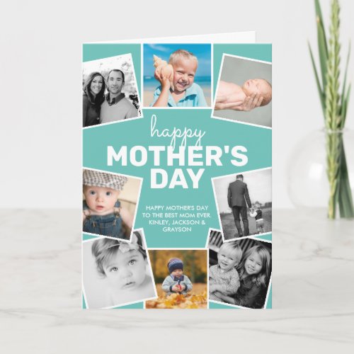 8 Photo Collage Teal Happy Mothers Day Card