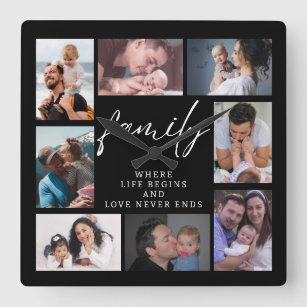 8 Photo Collage Template Family Love Quote Black   Square Wall Clock