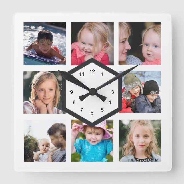 8 Photo Collage White Square Wall Clock (Front)