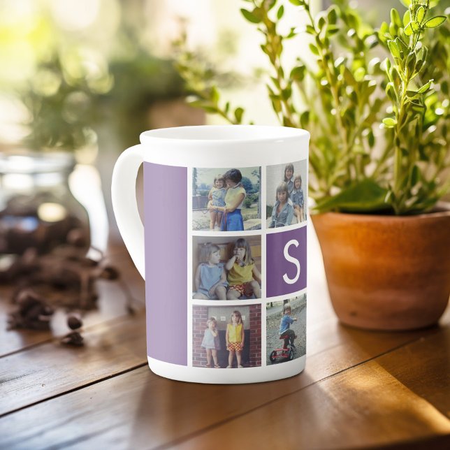 8 Photo Collage with a Center Custom Monogram Bone China Mug (Personalized mug with photos and text, customize completely in the advanced design area)