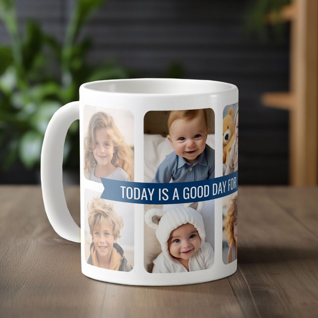 8 Photo Collage with Custom Text Navy Blue Ribbon Coffee Mug (Custom Photo Mug)