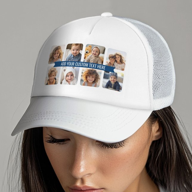 8 Photo Collage with Custom Text Navy Blue Ribbon Trucker Hat (Custom Photo Collage Trucker Hat)