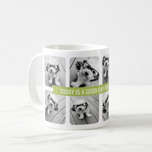 8 Photo Collage with Custom Text Ribbon _ Green Coffee Mug