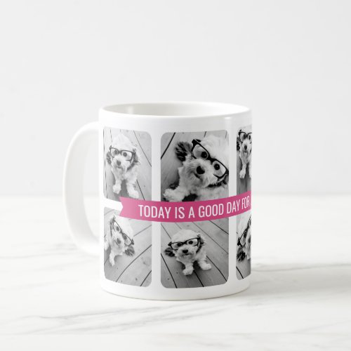 8 Photo Collage with Custom Text Ribbon _ Pink Coffee Mug