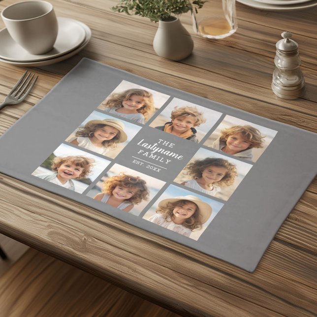 8 Photo Collage with Grey Center Text Area Cloth Placemat (Custom Cloth Place met with Photo Collage)