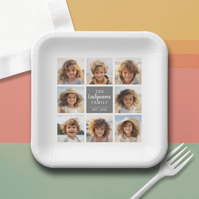 8 Photo Collage with Grey Center Text Area Paper Plates (Custom Paper Plate)
