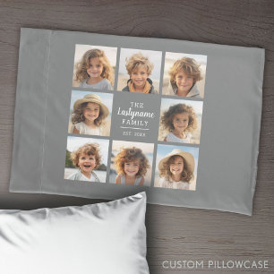 8 Photo Collage with Grey Center Text Area Pillow Case
