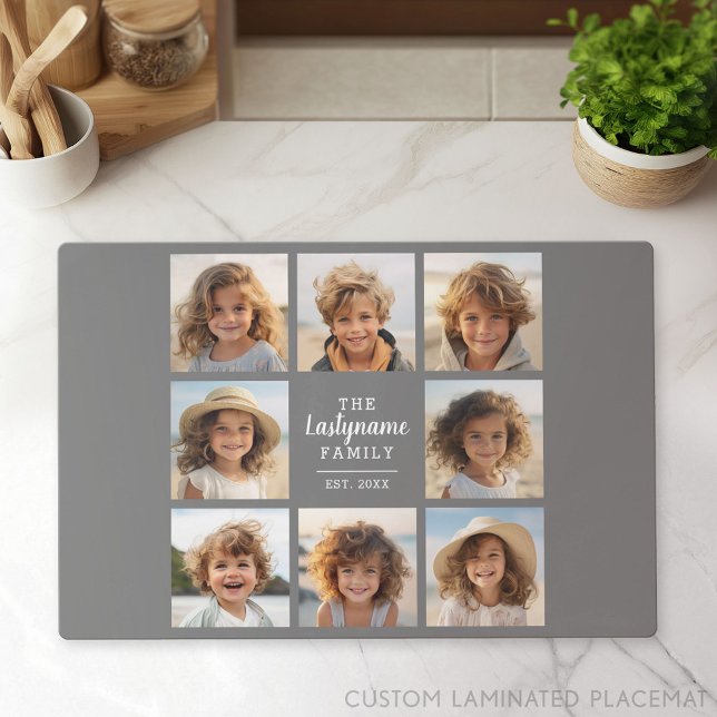 8 Photo Collage with Grey Center Text Area Placemat (Custom Photo Gallery on a Placemat)