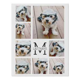 8 Photo Collage with monogram and family name Faux Canvas Print