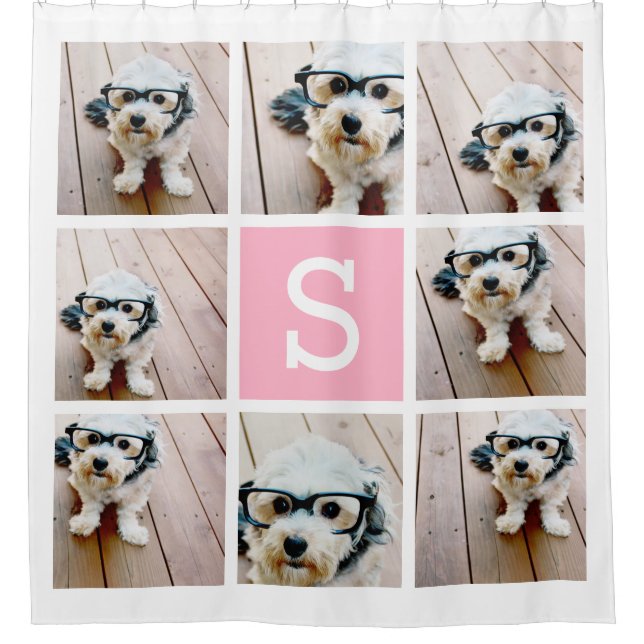8 Photo Collage with Single Pink Monogram Shower Curtain (Front)