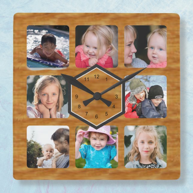8 Photo Collage Wood Color Square Wall Clock (Creator Uploaded)