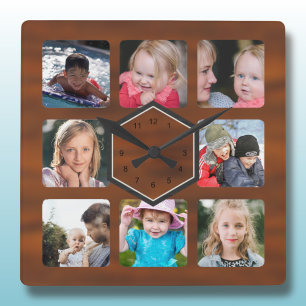 8 Photo Collage Wood Pattern Square Wall Clock