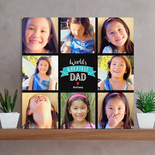 8 Photo Collage World’s Greatest Dad Teal Banner Metal Print (Creator Uploaded)