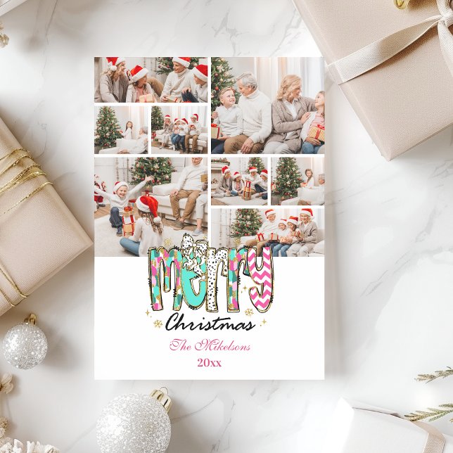 8 Photo Colorful Retro Merry Christmas Holiday Card (Creator Uploaded)