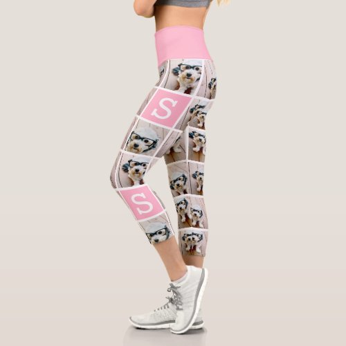 8 Photo Custom Collage _ Custom Monogram Pink Capri Leggings