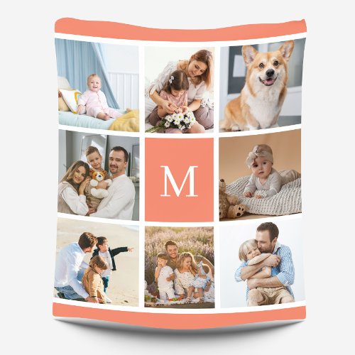 8 Photo Family Collage Monogram Coral Peach Custom Fleece Blanket