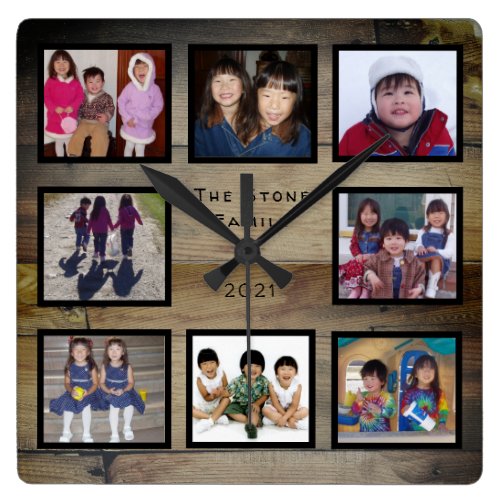 8 Photo Family Collage on Rustic Wood Square Wall Clock