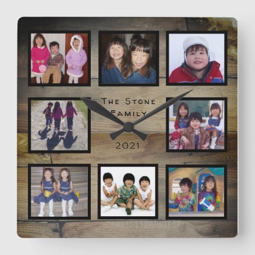 8 Photo Family Collage on Rustic Wood Square Wall Clock