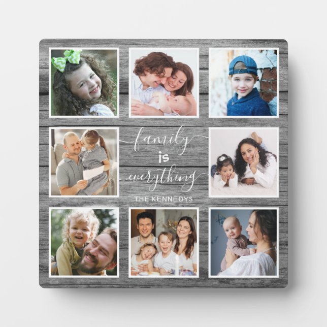  8 Photo Family Is Everything Quote Gray Wood Plaque (Front)