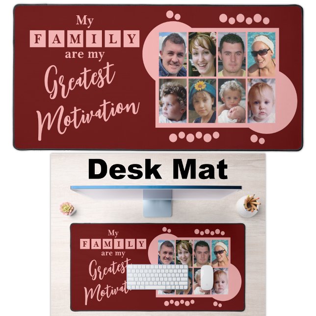 8 photo family motivation burgundy pink desk mat (Creator Uploaded)